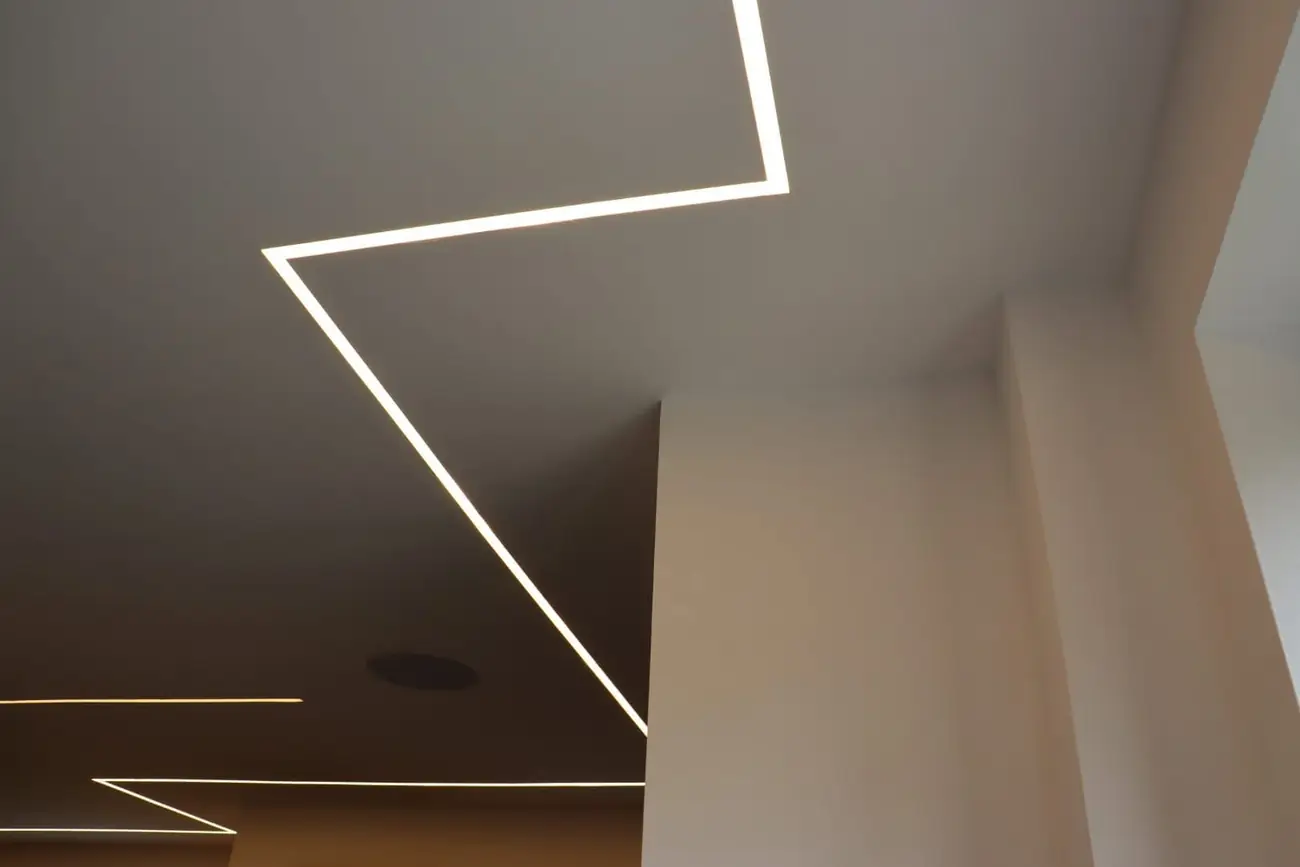 Trimless recessed LED ceiling detail above the kitchen
